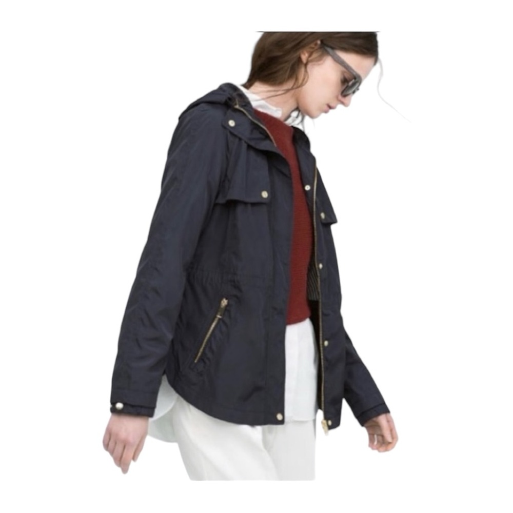 Zara Navy Blue Rain Jacket Hooded Full Zip Gold Tone Zippers & Snaps Size Medium - Picture 3 of 16